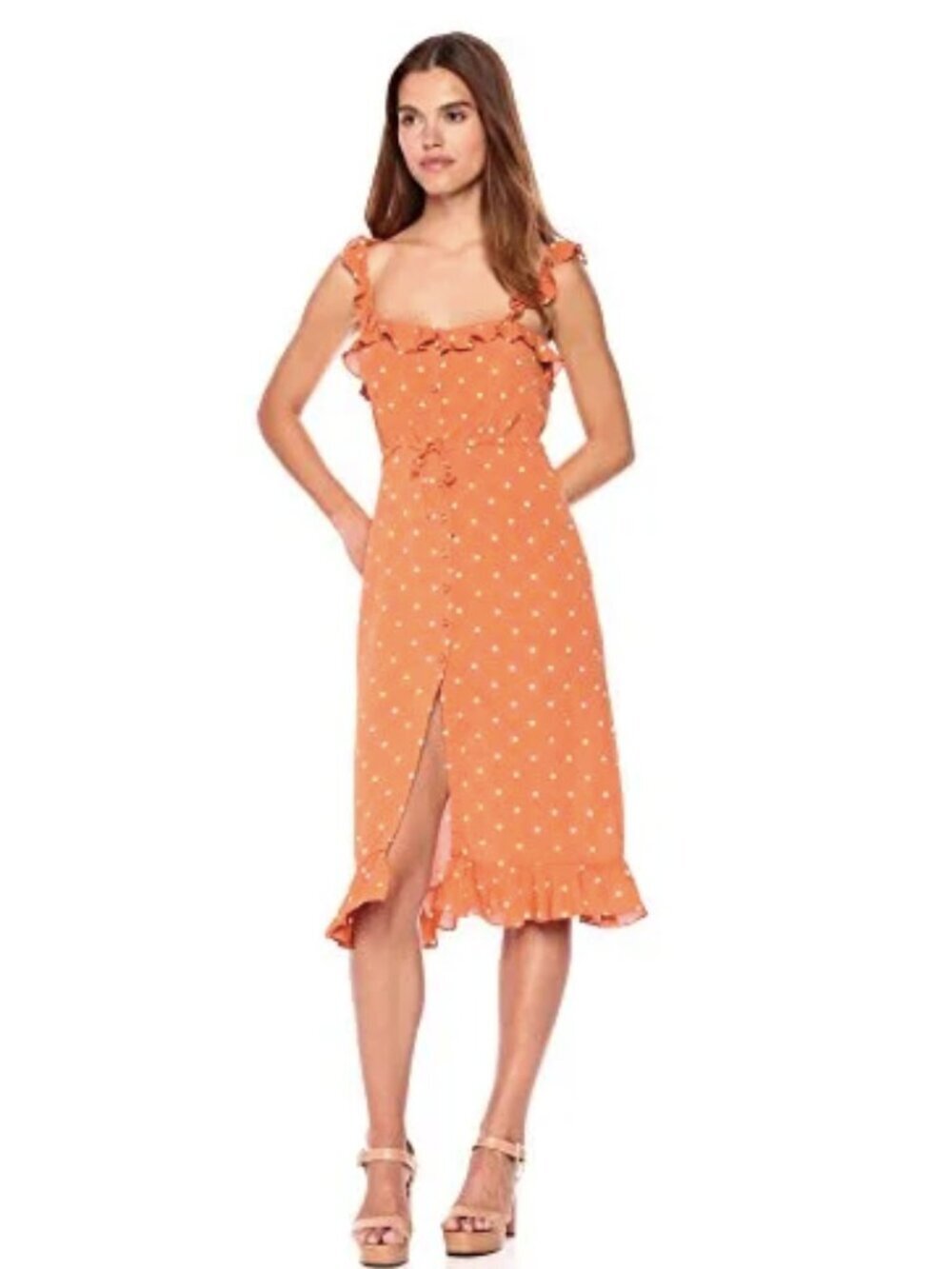 For Love and Lemons Natalia Midi Polka Dot Orange Saffron Dress XS - Picture 2 of 16